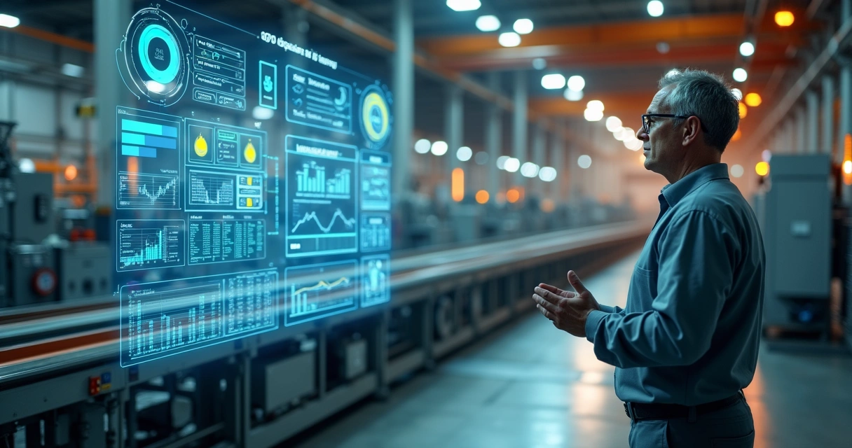Gestor industrial observa linha de produção com dados financeiros digitais ao fundo