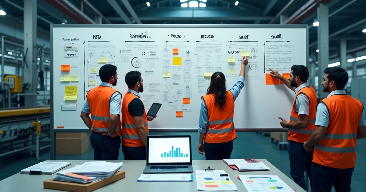 Quadro de plano de ação preenchido ao lado de linha de produção industrial